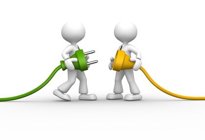 Connecting a cable. 3d people - men, person connecting a cable. Electric plug